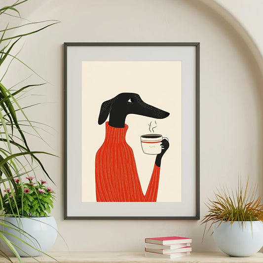 1pc Whimsical Greyhound Dog Drinking Coffee Wall Art Print