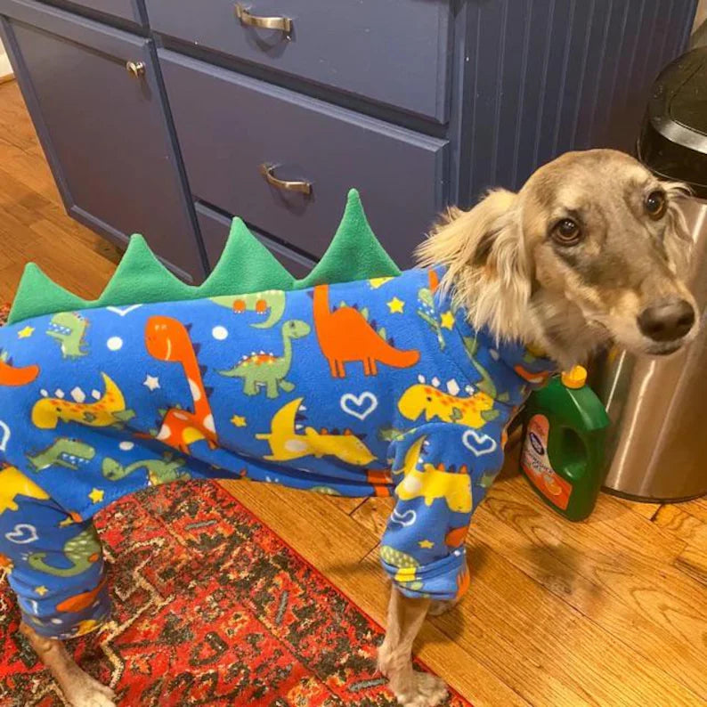 Dog dinosaur pyjamas, onesie, terrier, whippet, Italian, lurcher, greyhound