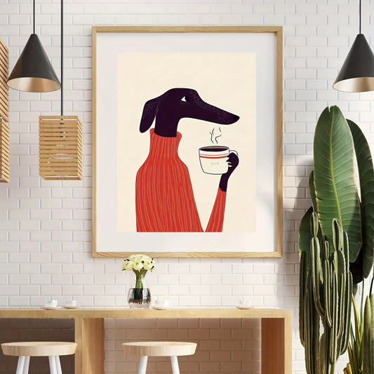1pc Whimsical Greyhound Dog Drinking Coffee Wall Art Print
