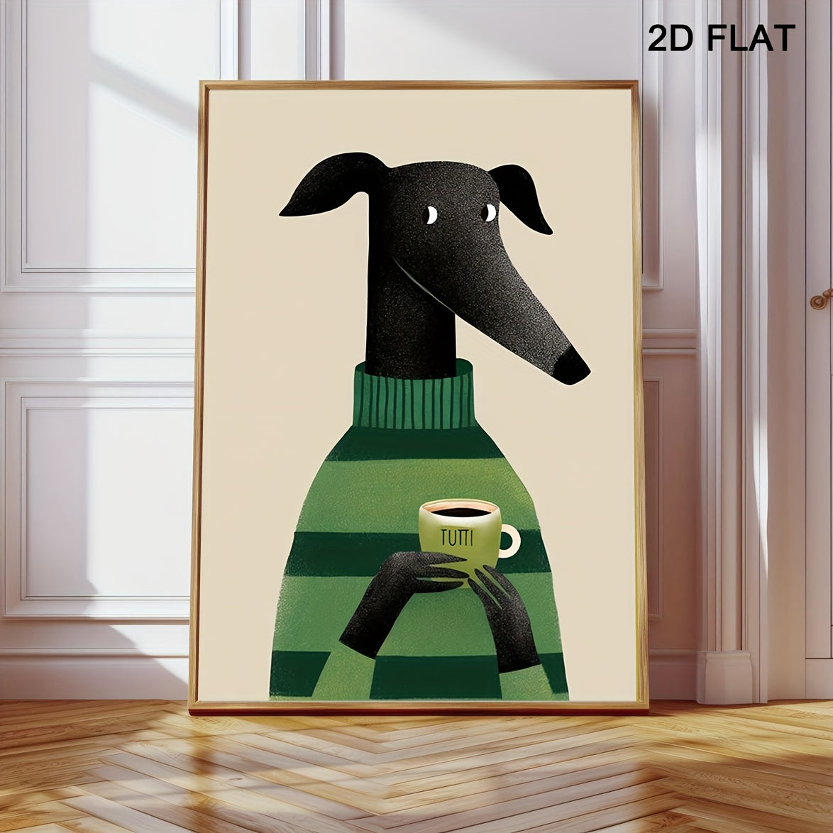 Whimsical Greyhound Dog & Coffee Frameless Canvas Poster