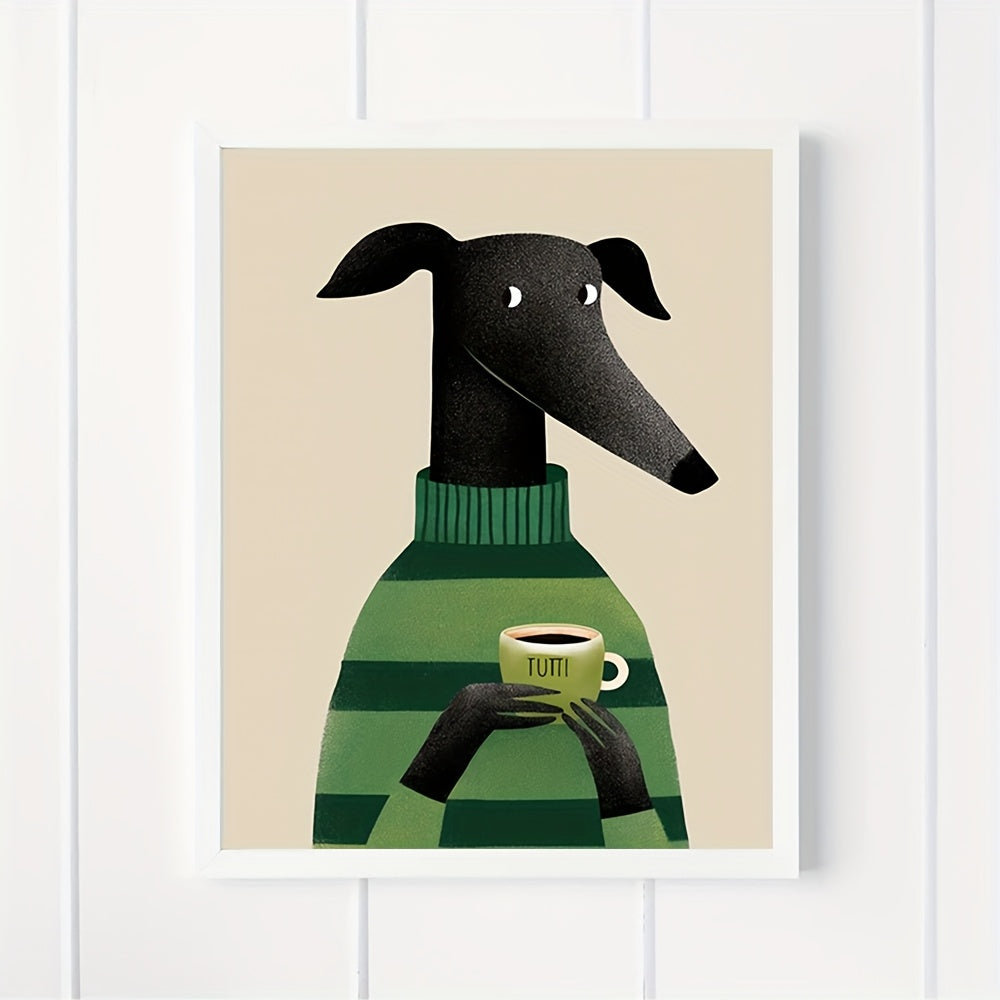 Whimsical Greyhound Dog & Coffee Frameless Canvas Poster