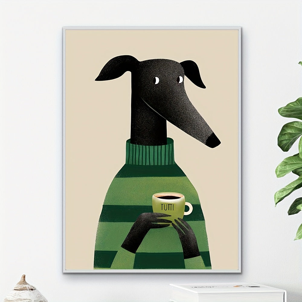 Whimsical Greyhound Dog & Coffee Frameless Canvas Poster