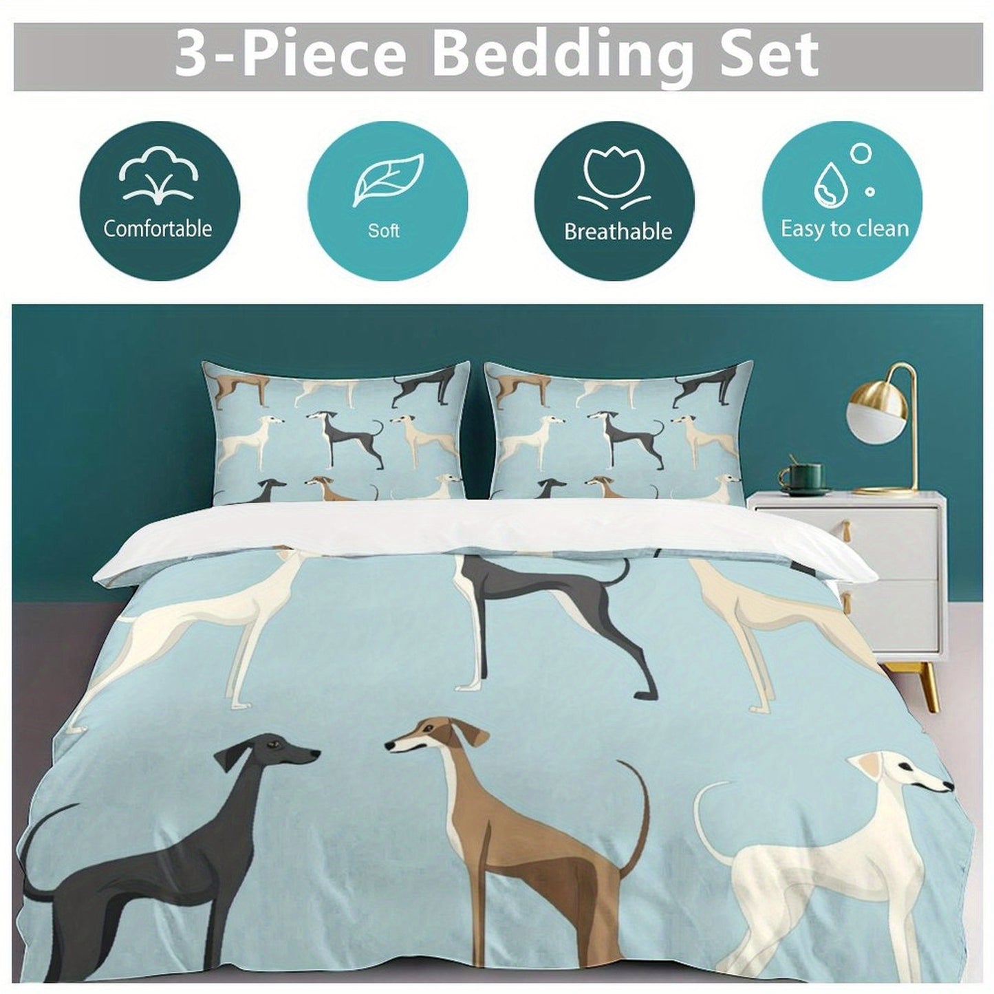 3pcs Sighthound Pattern Themed Bedding Set