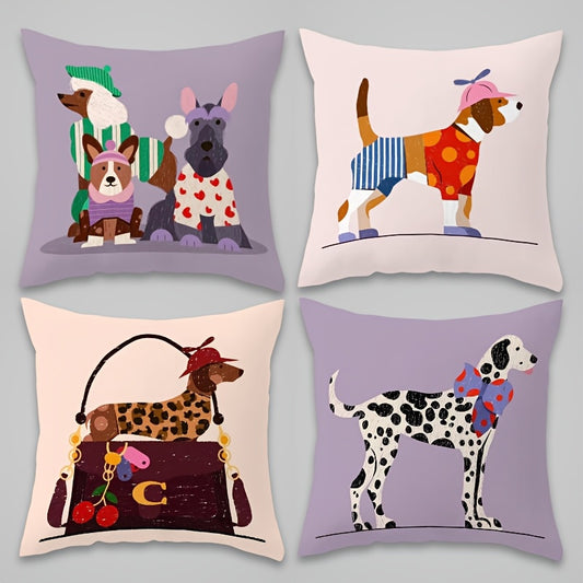 Set of 4 Vintage Cartoon Spotted Dog Throw Pillow Covers