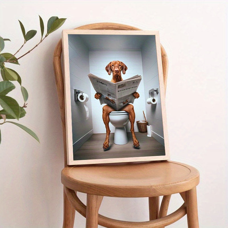 Funny Vizsla Dog on Toilet Reading Newspaper Frameless Canvas Print