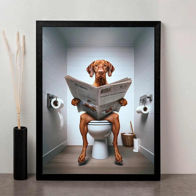 Funny Vizsla Dog on Toilet Reading Newspaper Frameless Canvas Print