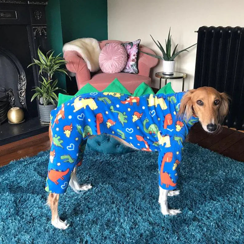 Dog dinosaur pyjamas, onesie, terrier, whippet, Italian, lurcher, greyhound