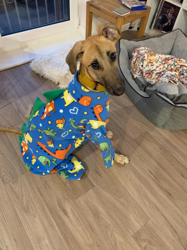 Dog dinosaur pyjamas, onesie, terrier, whippet, Italian, lurcher, greyhound