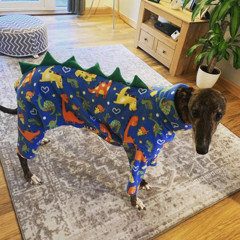 Dog dinosaur pyjamas, onesie, terrier, whippet, Italian, lurcher, greyhound