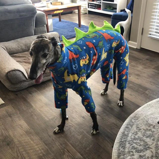 Dog dinosaur pyjamas, onesie, terrier, whippet, Italian, lurcher, greyhound