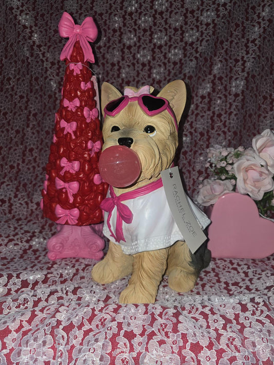 ADORABLE Valentines Yorkie with pink bow sunglasses blowing a bubble gum bubble